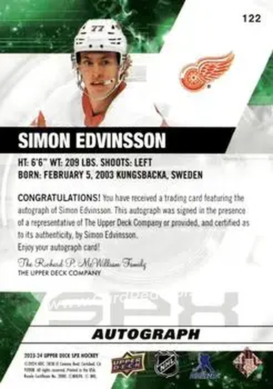 2023-24 SPx - Autographs #122 - Simon Edvinsson - Detroit Red Wings - Back