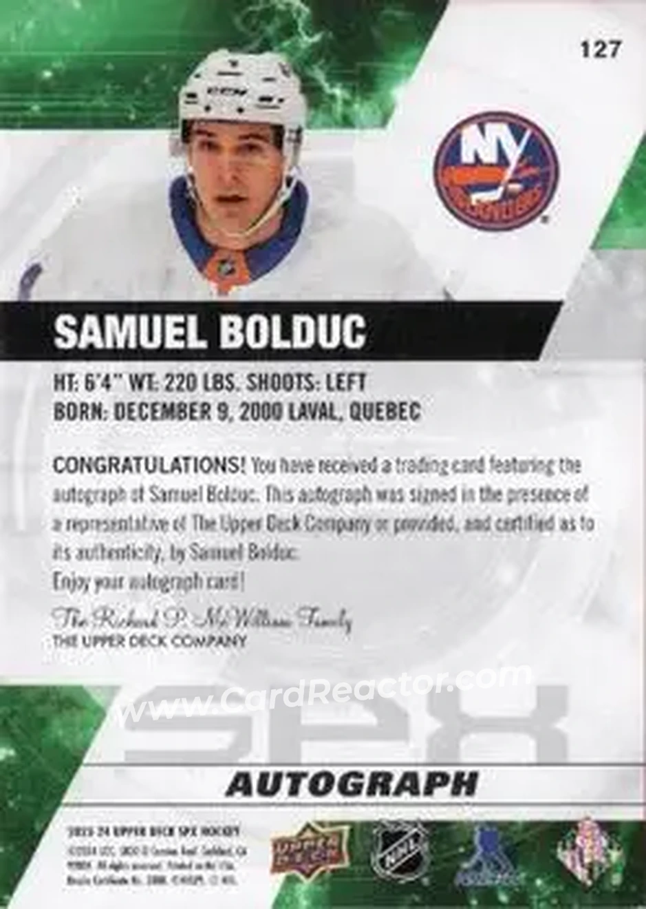 2023-24 SPx - Autographs #127 - Samuel Bolduc - New York Islanders - Back