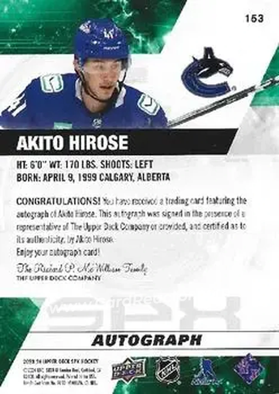 2023-24 SPx - Autographs #153 - Akito Hirose - Vancouver Canucks - Back