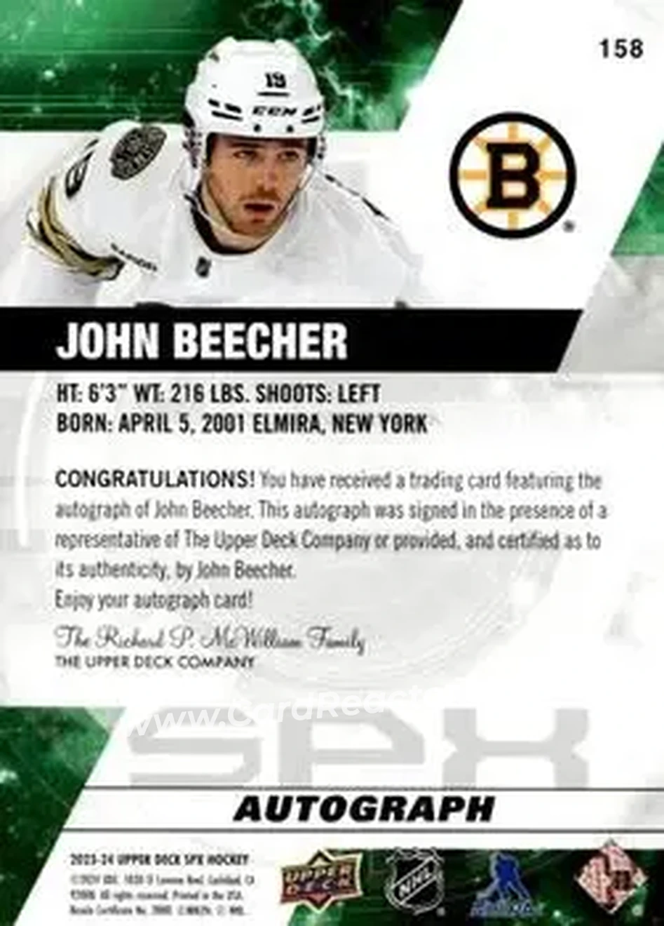2023-24 SPx - Autographs #158 - John Beecher - Boston Bruins - Back