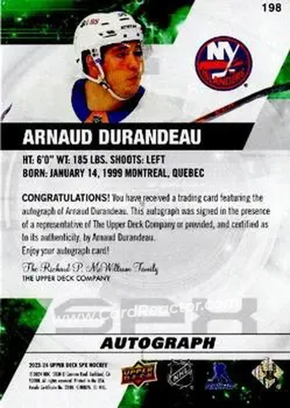 2023-24 SPx - Autographs #198 - Arnaud Durandeau - New York Islanders - Back