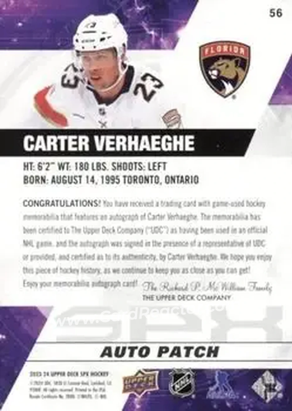 2023-24 SPx - Autographs Patch #56 - Carter Verhaeghe - Florida Panthers - Back