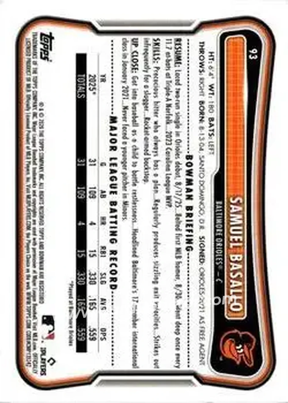 2026 Bowman - Purple #93 - Samuel Basallo - Baltimore Orioles - Back