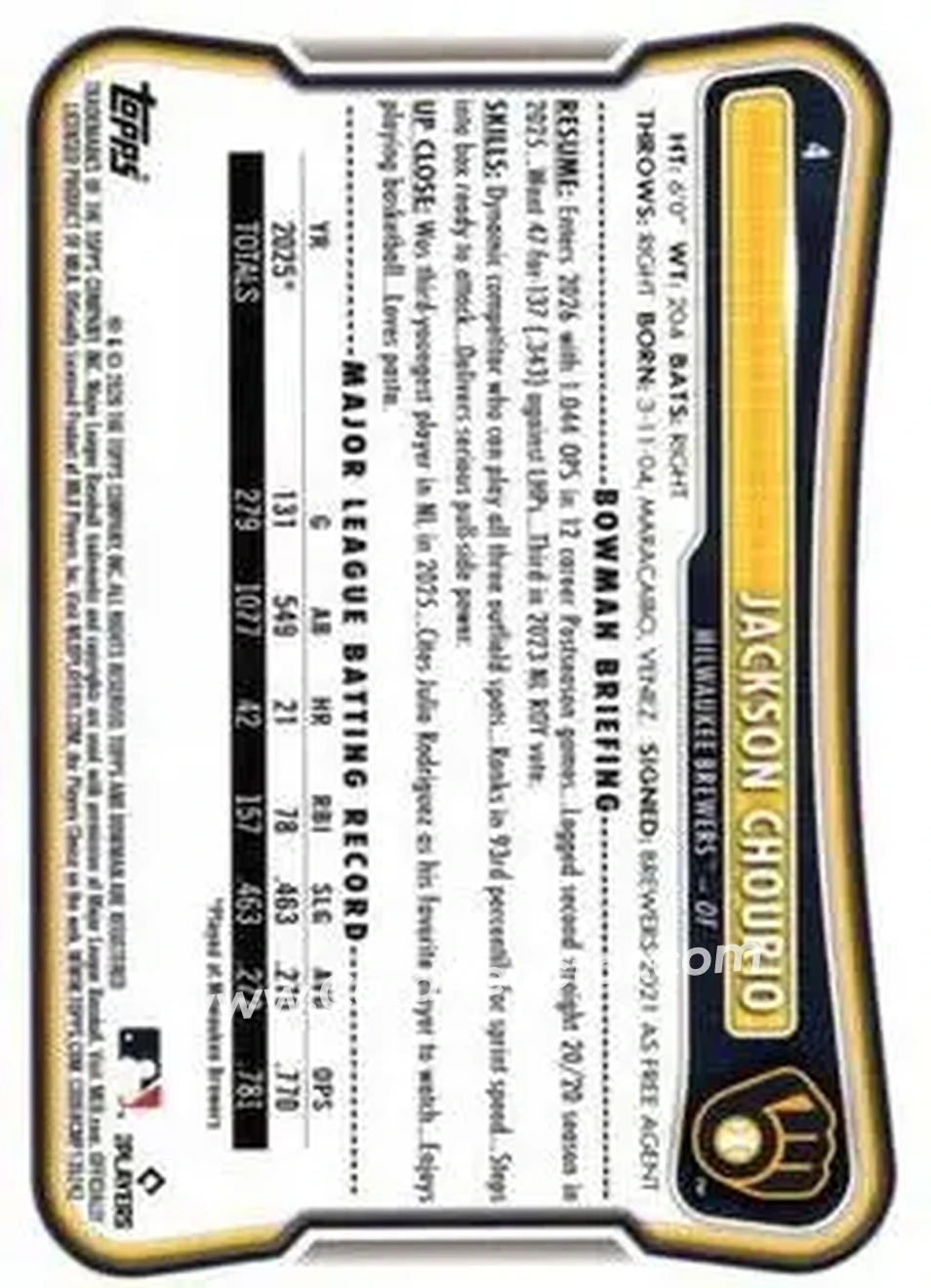 2026 Bowman - Purple Pattern #4 - Jackson Chourio - Milwaukee Brewers - Back