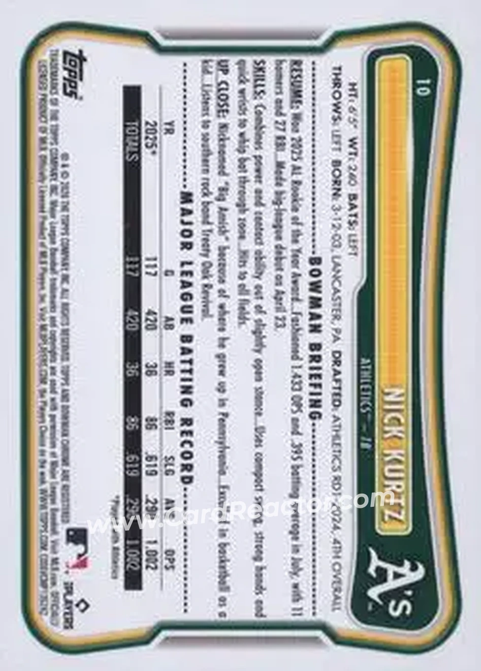 2026 Bowman - Purple Pattern #10 - Nick Kurtz - Athletics - Back