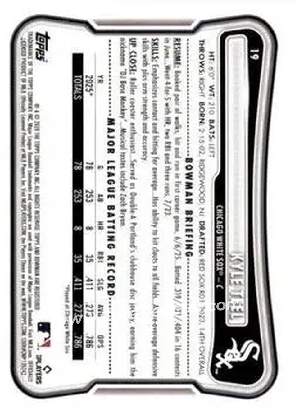 2026 Bowman - Purple Pattern #19 - Kyle Teel - Chicago White Sox - Back