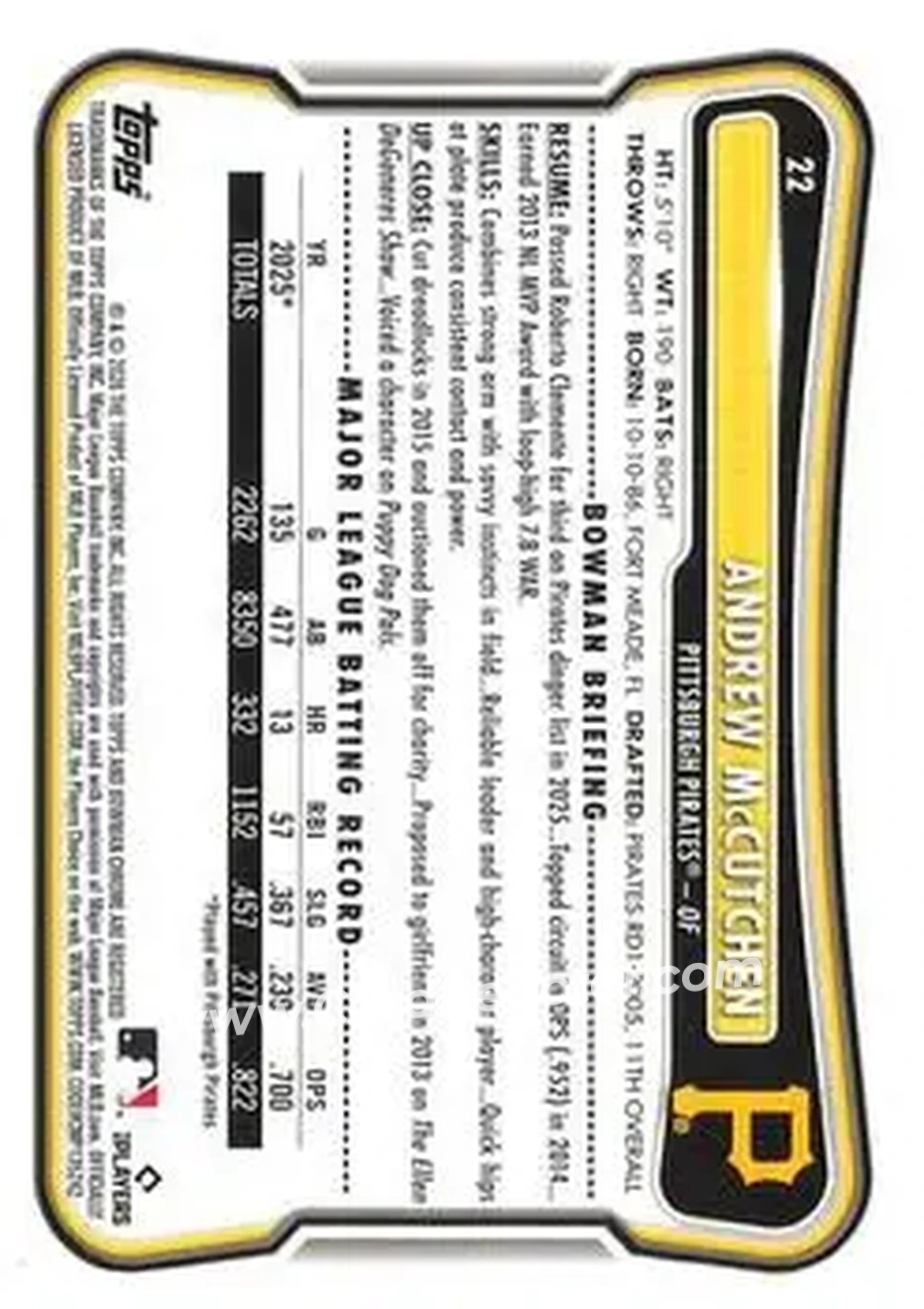 2026 Bowman - Purple Pattern #22 - Andrew McCutchen - Pittsburgh Pirates - Back