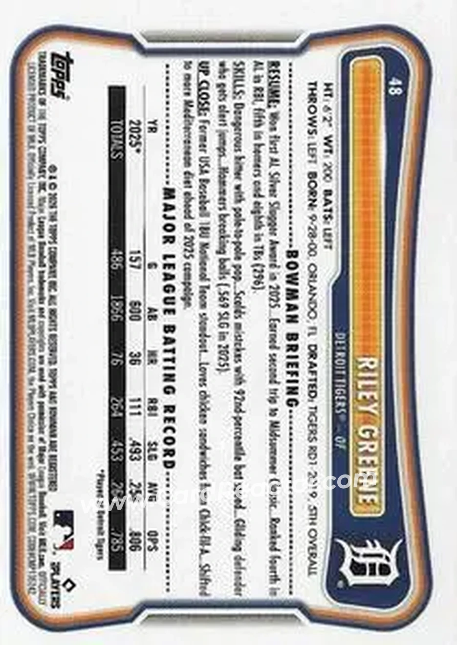 2026 Bowman - Purple Pattern #48 - Riley Greene - Detroit Tigers - Back