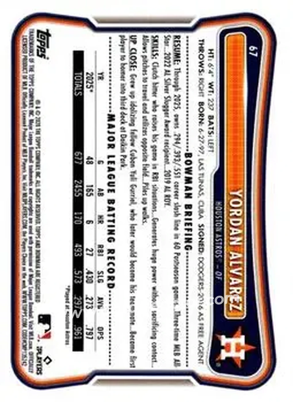 2026 Bowman - Purple Pattern #67 - Yordan Alvarez - Houston Astros - Back