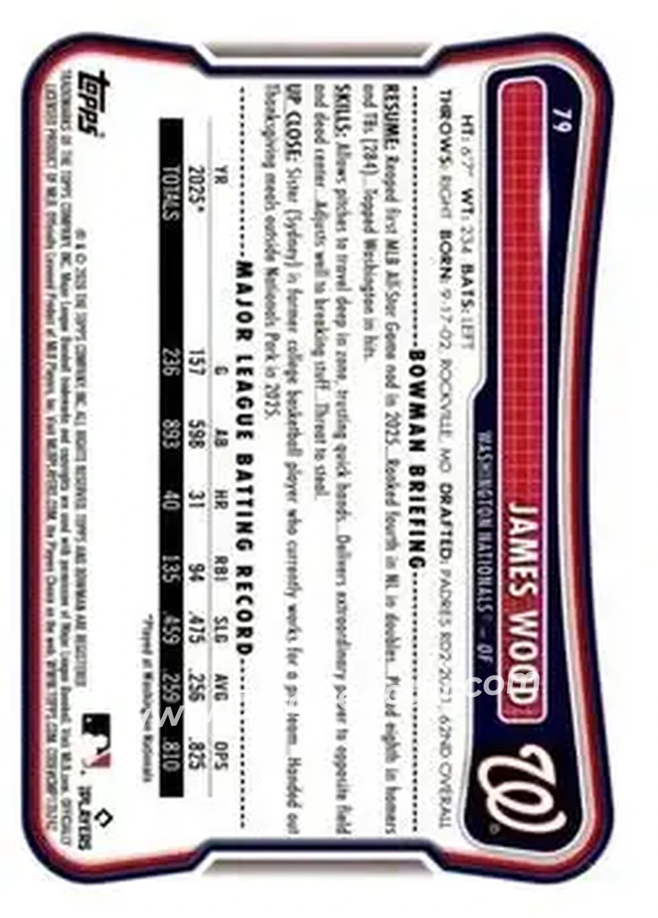 2026 Bowman - Purple Pattern #79 - James Wood - Washington Nationals - Back