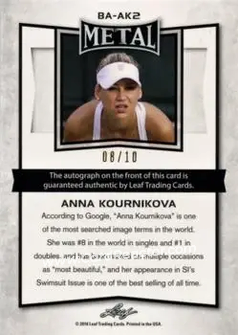 2016 Leaf Metal - Autographs Purple #BA-AK2 - Anna Kournikova - Back