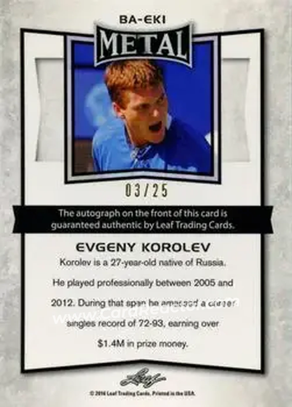 2016 Leaf Metal - Autographs Purple #BA-EK1 - Evgeny Korolev - Back