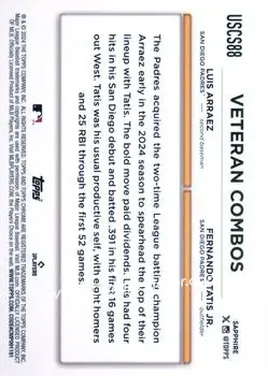 2024 Topps Chrome Update Sapphire Edition - Gold Sapphire #USCS88 - Bold Bats: S.D. Duo Wears Out Foes (Fernando Tatis Jr. - Luis Arraez) SN50 - San Diego Padres - San Diego Padres - Back 2024 Topps Chrome Update Sapphire Edition - Gold Sapphire #USCS88 - Bold Bats: S.D. Duo Wears Out Foes (Fernando Tatis Jr. - Luis Arraez) SN50 - San Diego Padres - San Diego Padres - Back