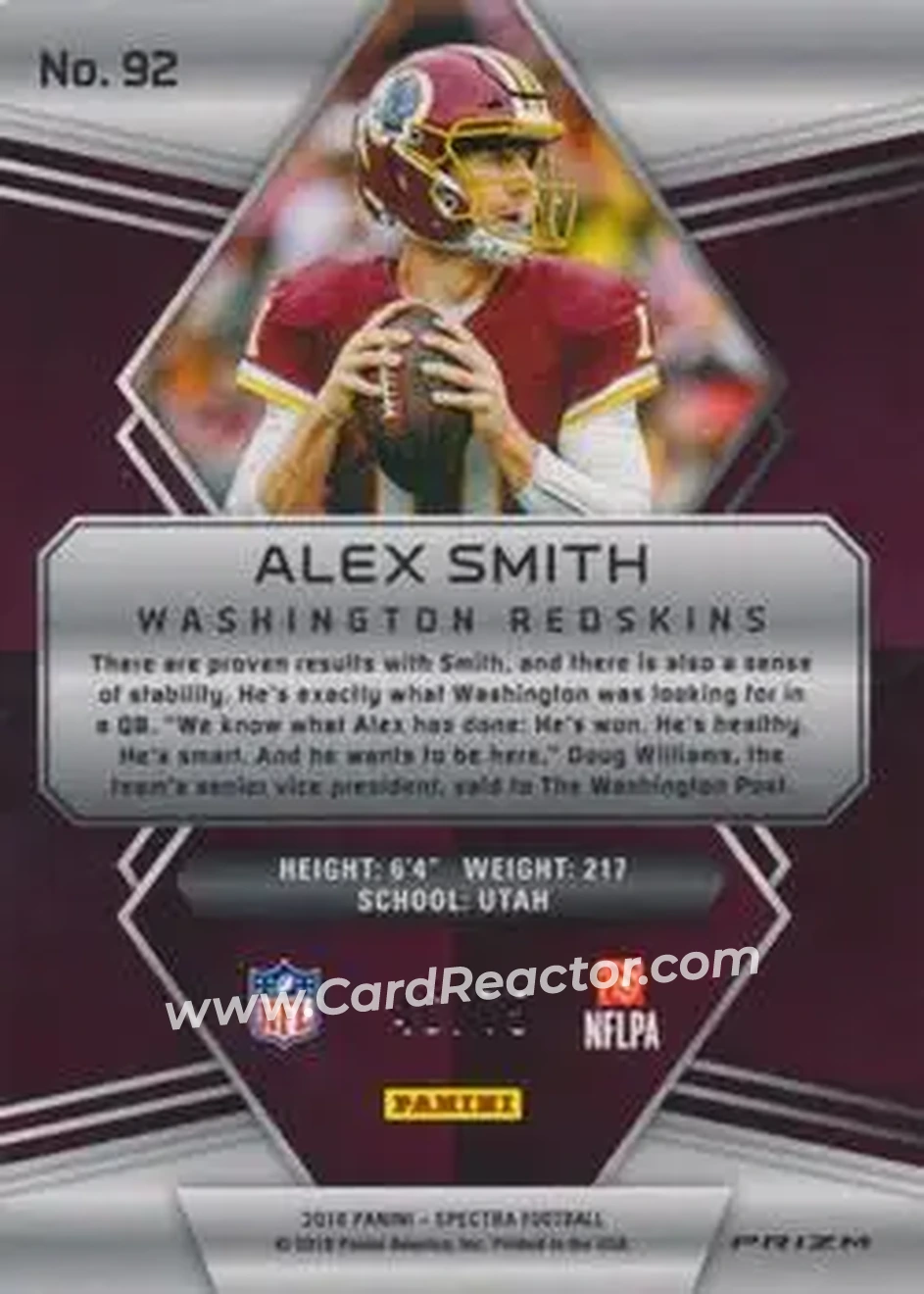 2018 Panini Spectra - Neon Blue #92 - Alex Smith - Washington Redskins - Back
