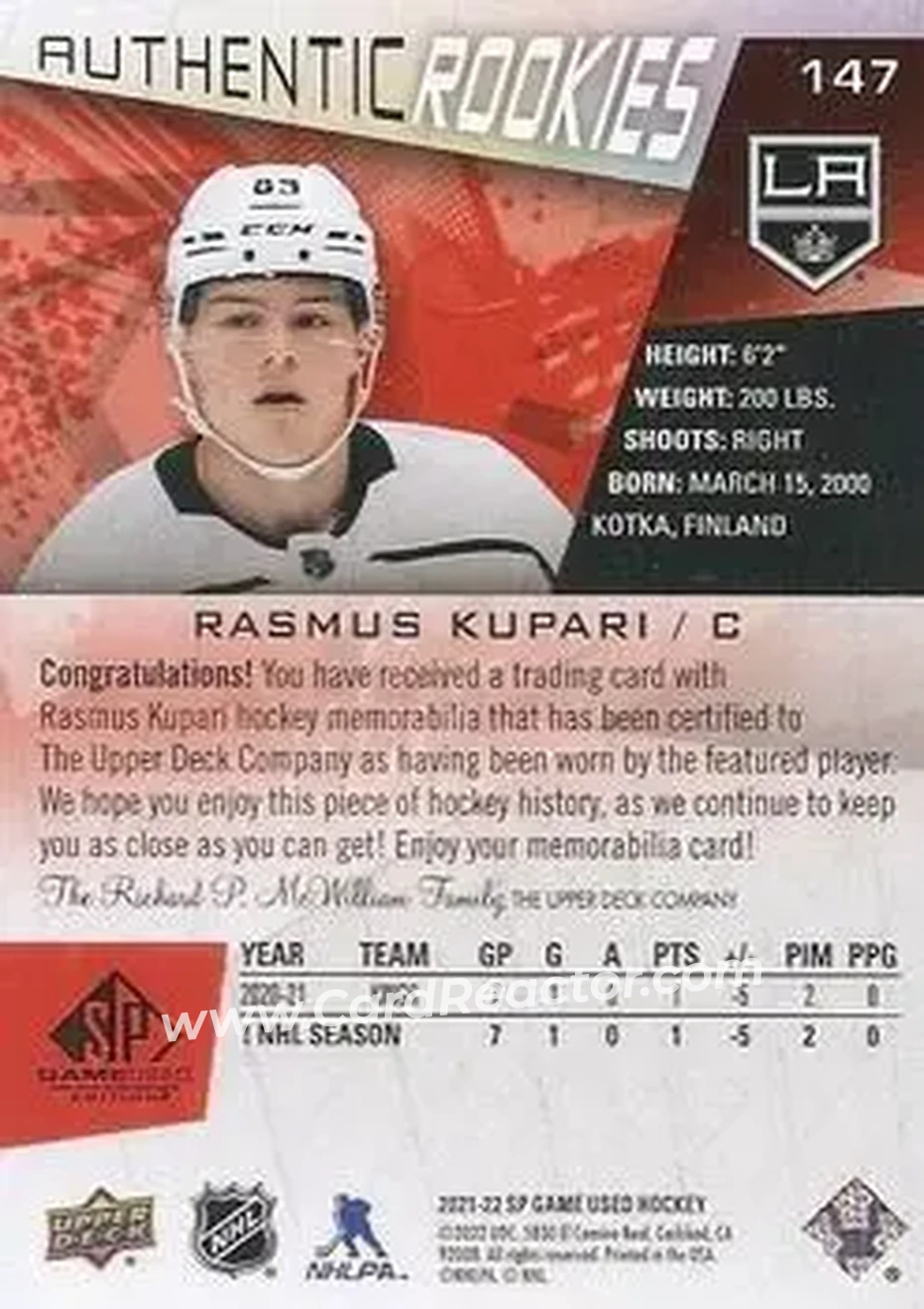 2021-22 SP Game Used - Red Jersey #147 - Rasmus Kupari - Los Angeles Kings - Back