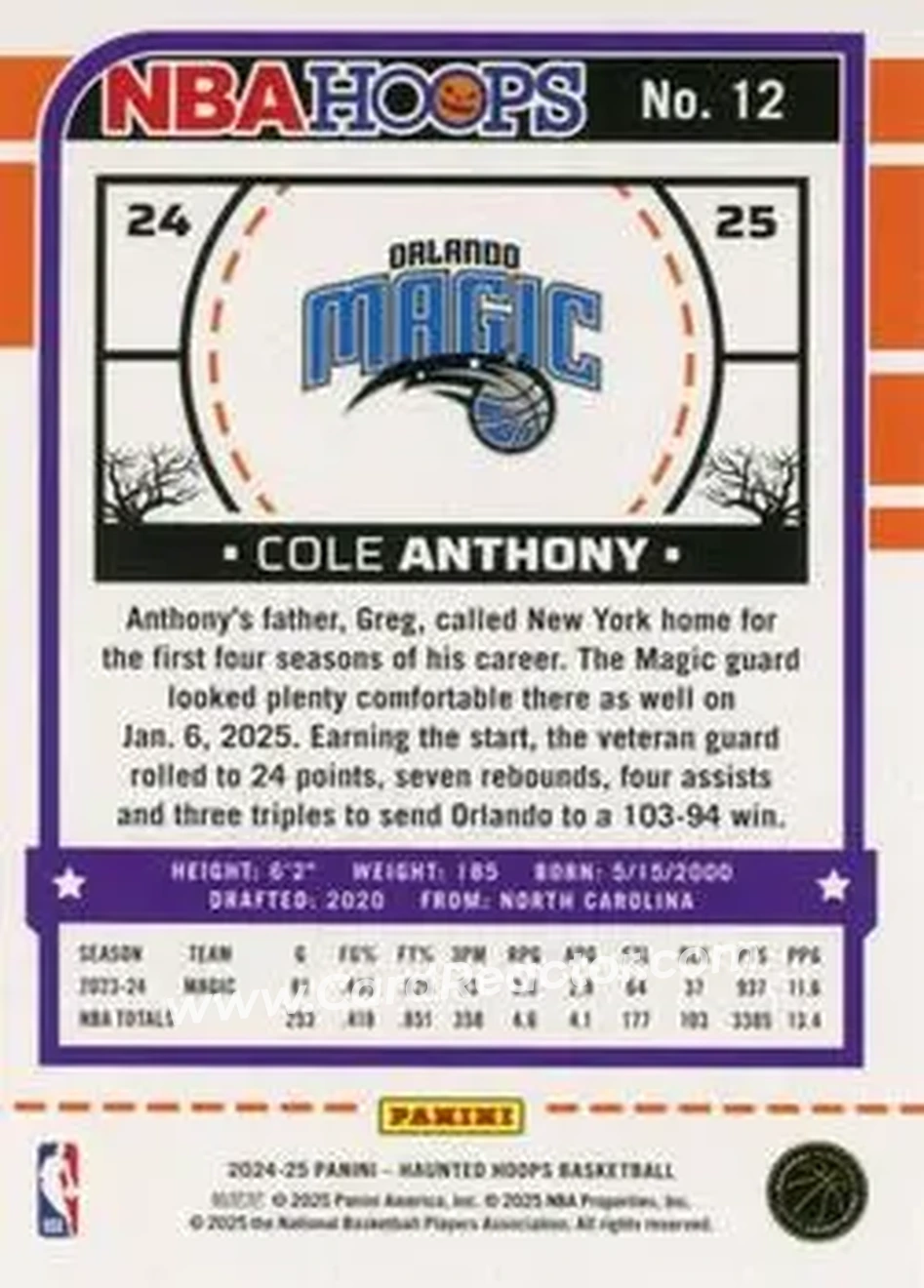 2024-25 Hoops Haunted Hoops #12 - Cole Anthony - Orlando Magic - Back