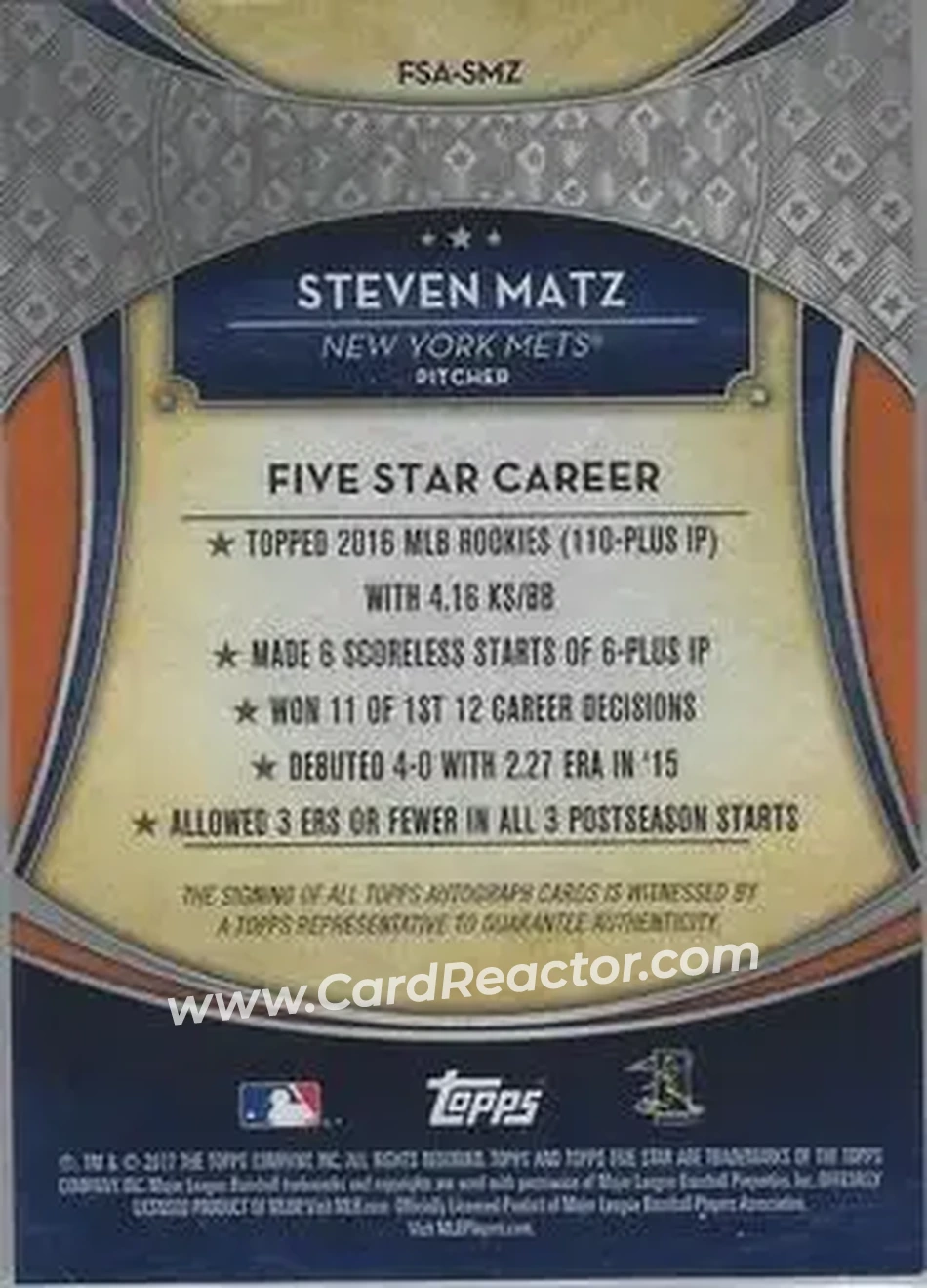 2017 Topps Five Star - Base Autograph Purple #FSA-SMZ - Steven Matz - New York Mets - Back