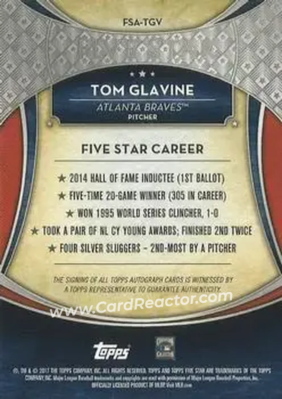 2017 Topps Five Star - Base Autograph Purple #FSA-TGV - Tom Glavine - Atlanta Braves - Back