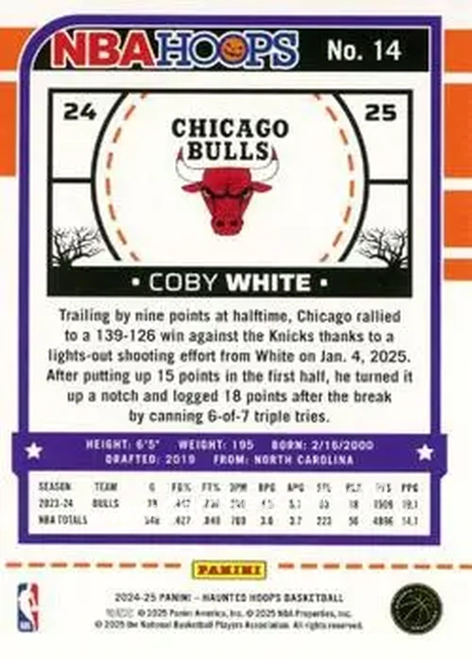 2024-25 Hoops Haunted Hoops #14 - Coby White - Chicago Bulls - Back