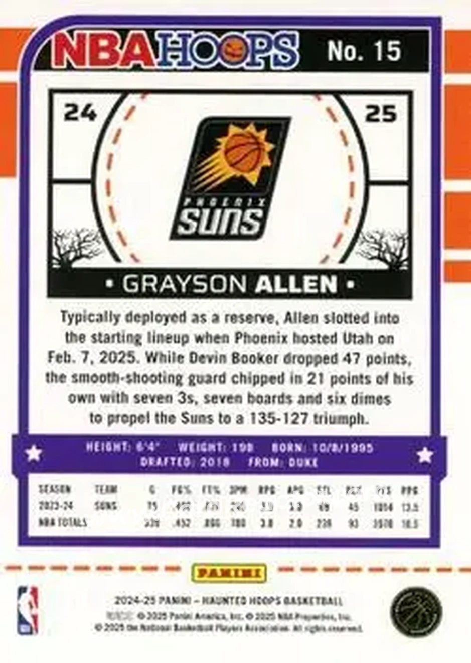 2024-25 Hoops Haunted Hoops #15 - Grayson Allen - Phoenix Suns - Back
