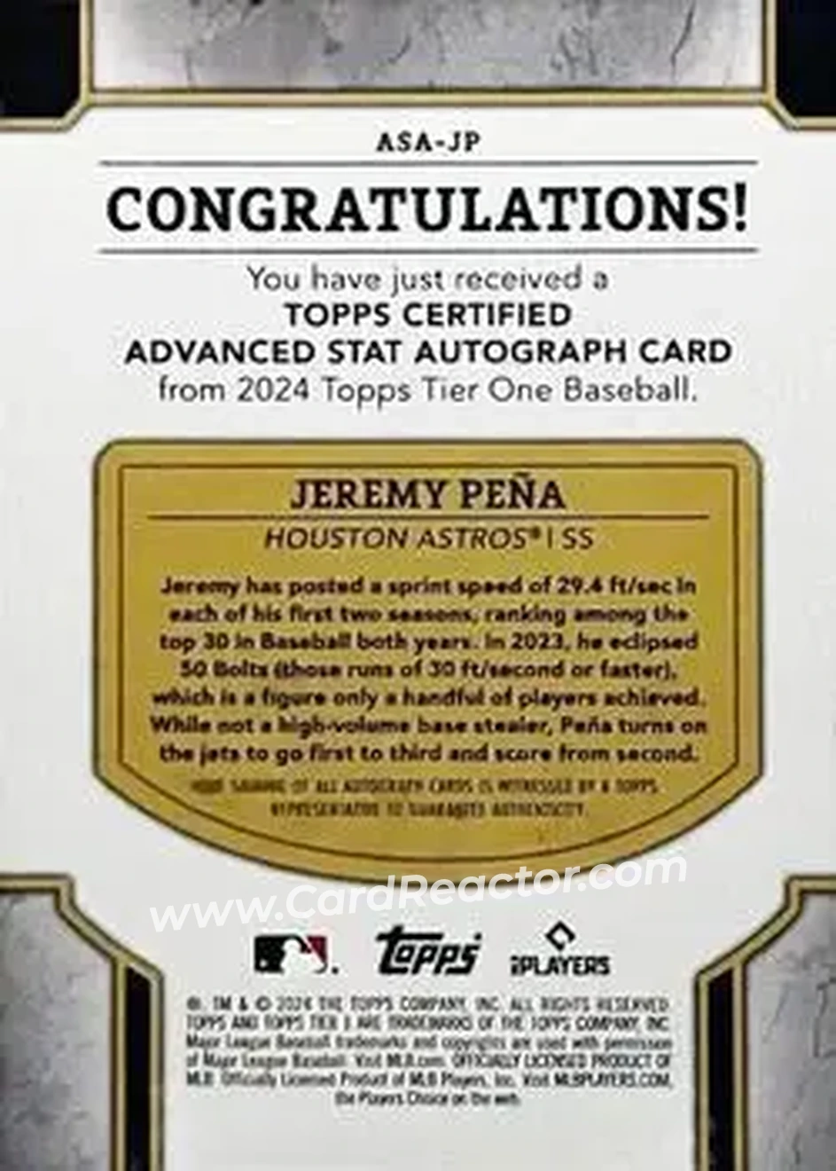 2024 Topps Tier One - Advanced Stats Stars Autographs Holo Silver Foil #ASA-JP - Jeremy Peña - Houston Astros - Back 2024 Topps Tier One - Advanced Stats Stars Autographs Holo Silver Foil #ASA-JP - Jeremy Peña - Houston Astros - Back