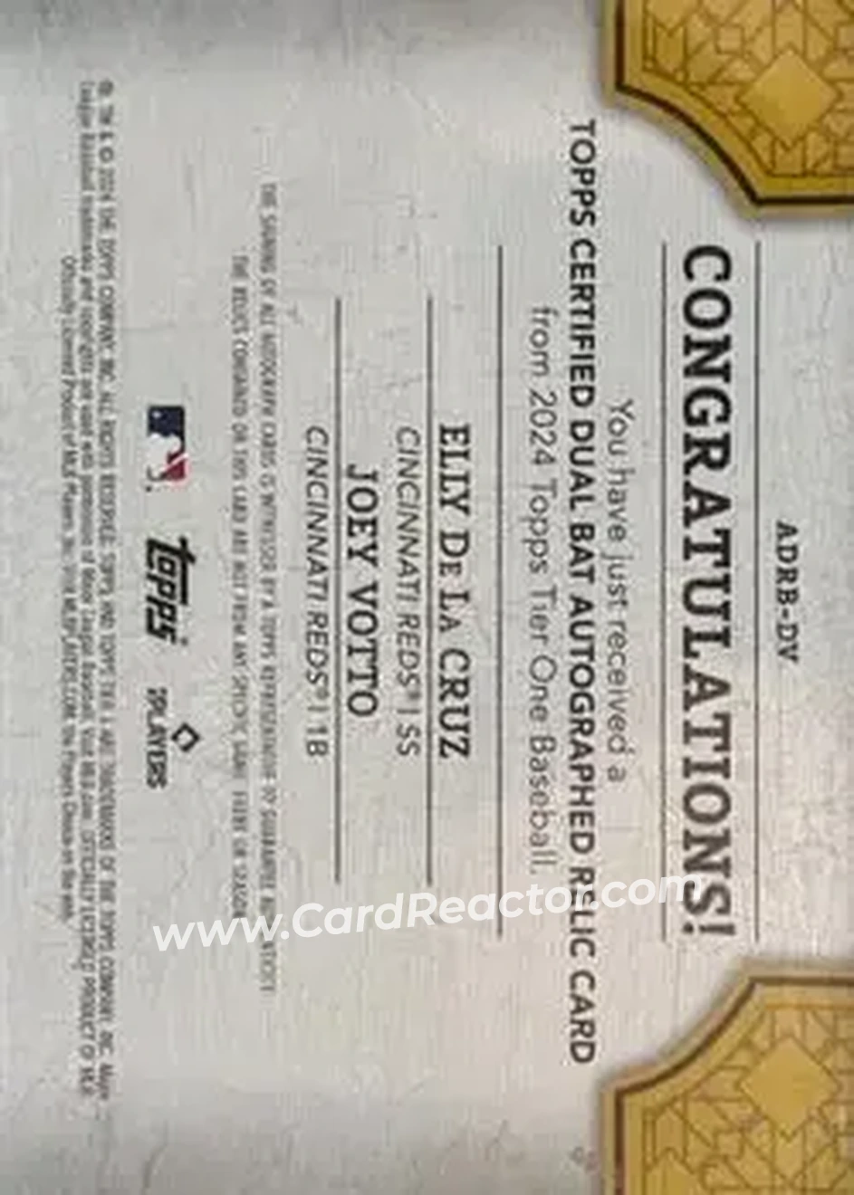 2024 Topps Tier One - Autographed Dual Relics Bats #ADRB-DV - Elly De La Cruz - Joey Votto AU, MEM, SN10 - Cincinnati Reds - Cincinnati Reds - Back 2024 Topps Tier One - Autographed Dual Relics Bats #ADRB-DV - Elly De La Cruz - Joey Votto AU, MEM, SN10 - Cincinnati Reds - Cincinnati Reds - Back
