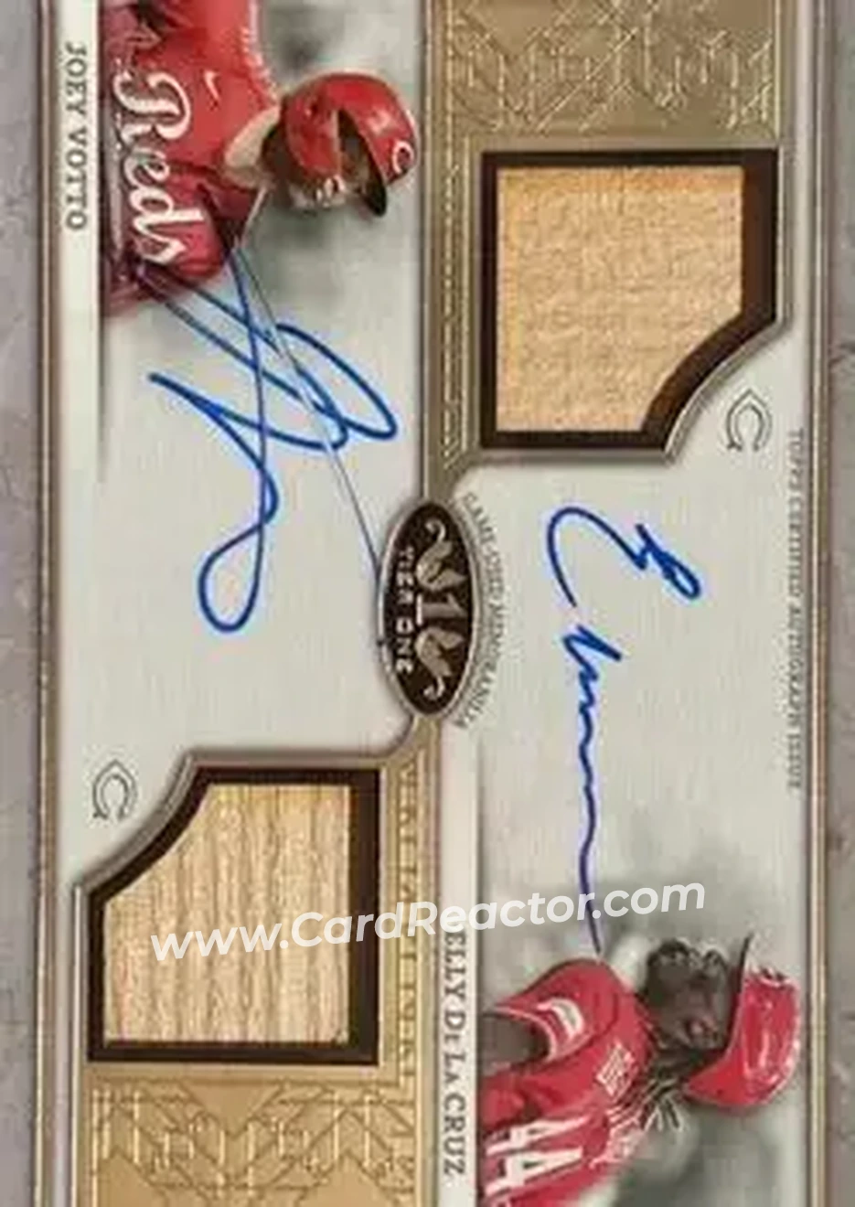 2024 Topps Tier One - Autographed Dual Relics Bats #ADRB-DV - Elly De La Cruz - Joey Votto AU, MEM, SN10 - Cincinnati Reds - Cincinnati Reds - Front 2024 Topps Tier One - Autographed Dual Relics Bats #ADRB-DV - Elly De La Cruz - Joey Votto AU, MEM, SN10 - Cincinnati Reds - Cincinnati Reds - Front