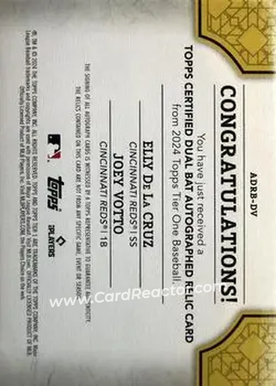 2024 Topps Tier One - Autographed Dual Relics Bats Holo Platinum Blue Foil #ADRB-DV - Elly De La Cruz - Joey Votto AU, MEM, SN1 - Cincinnati Reds - Cincinnati Reds - Back 2024 Topps Tier One - Autographed Dual Relics Bats Holo Platinum Blue Foil #ADRB-DV - Elly De La Cruz - Joey Votto AU, MEM, SN1 - Cincinnati Reds - Cincinnati Reds - Back