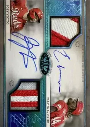2024 Topps Tier One - Autographed Dual Relics Bats Holo Platinum Blue Foil #ADRB-DV - Elly De La Cruz - Joey Votto AU, MEM, SN1 - Cincinnati Reds - Cincinnati Reds