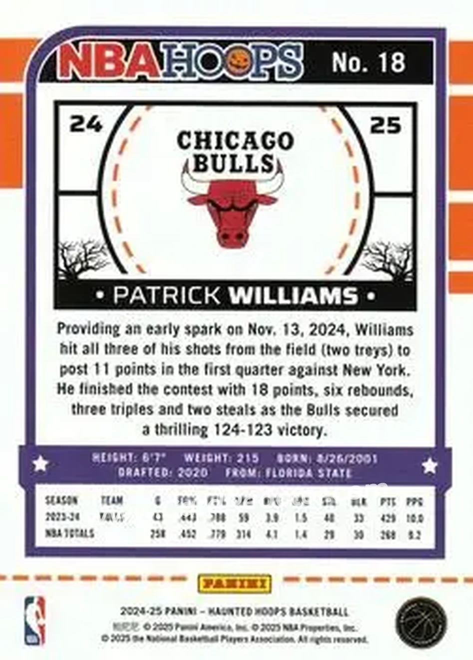 2024-25 Hoops Haunted Hoops #18 - Patrick Williams - Chicago Bulls - Back