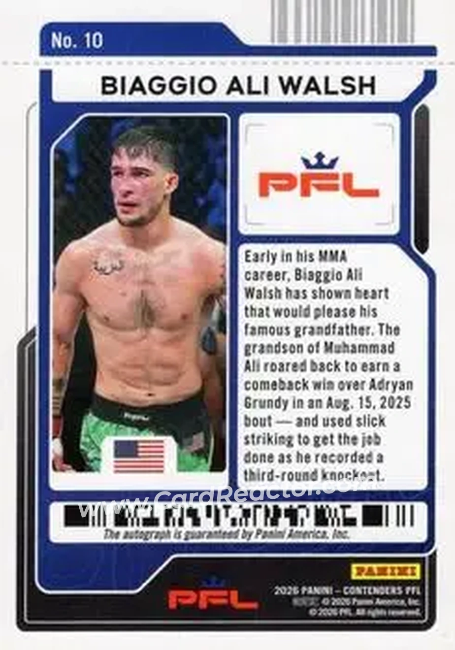 2026 Panini Contenders PFL - Season Ticket Signatures Red Fireworks #10 - Biaggio Ali Walsh - Back 2026 Panini Contenders PFL - Season Ticket Signatures Red Fireworks #10 - Biaggio Ali Walsh - Back