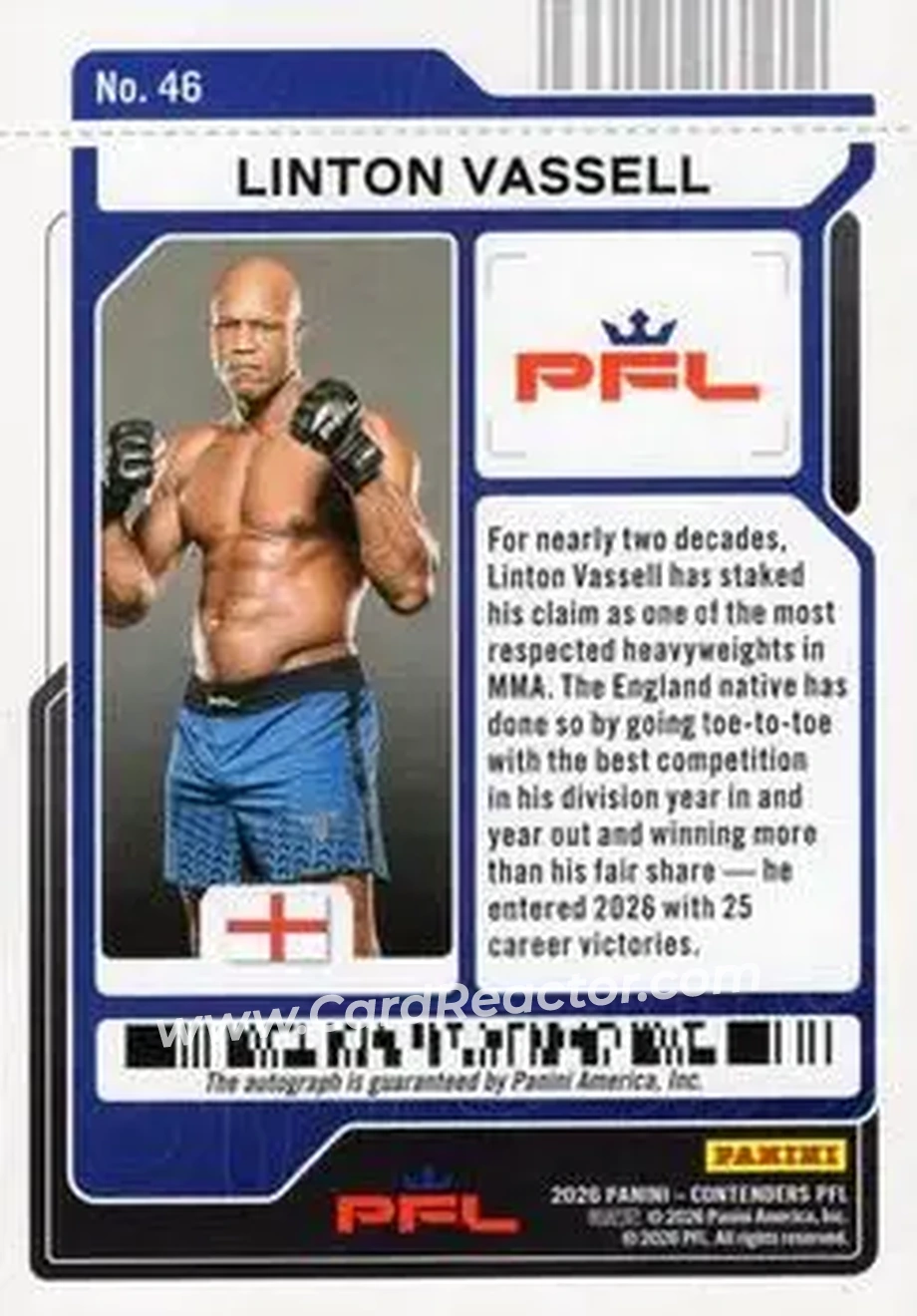 2026 Panini Contenders PFL - Season Ticket Signatures Red Fireworks #46 - Linton Vassell - Back 2026 Panini Contenders PFL - Season Ticket Signatures Red Fireworks #46 - Linton Vassell - Back