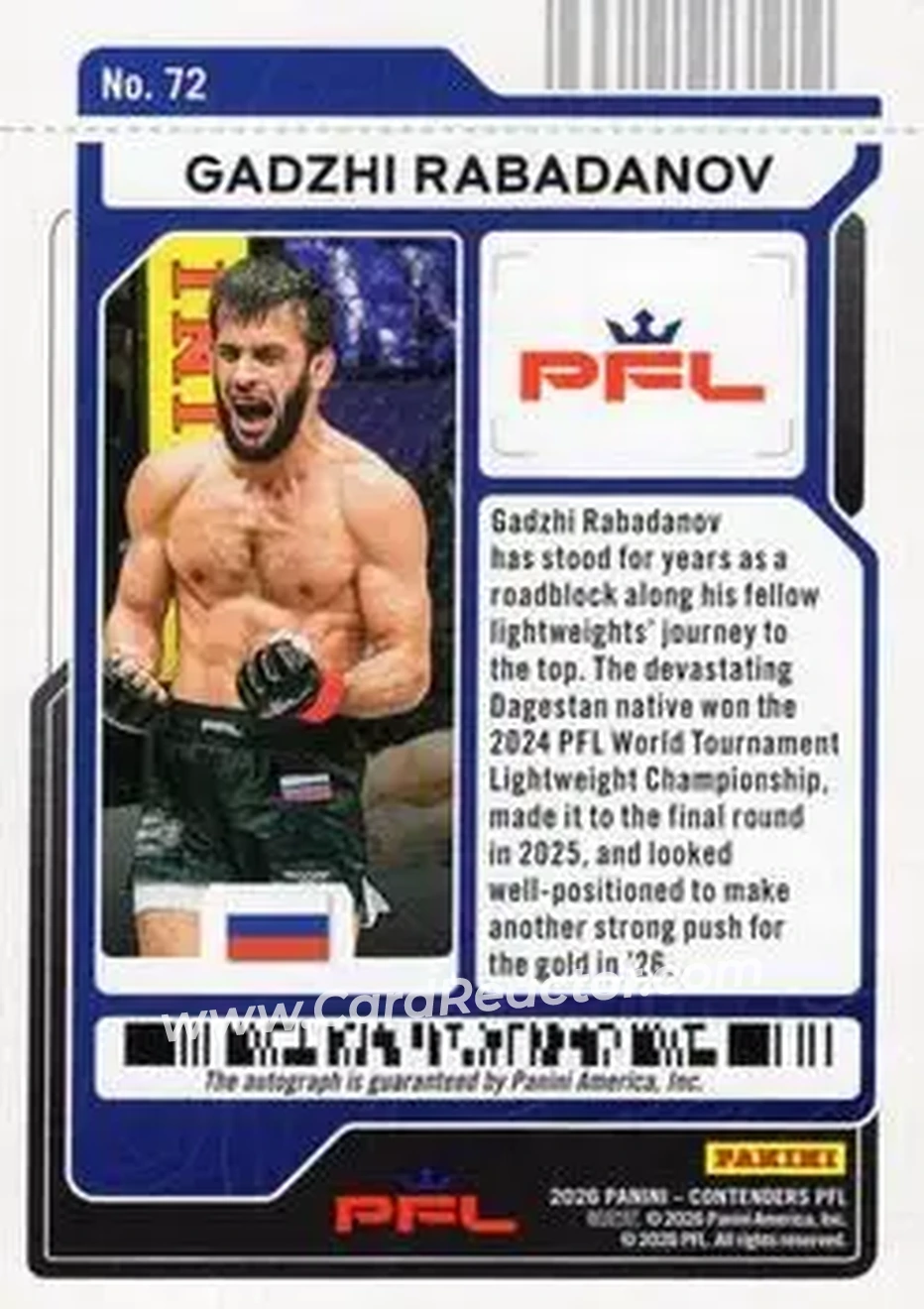 2026 Panini Contenders PFL - Season Ticket Signatures Red Fireworks #72 - Gadzhi Rabadanov - Back 2026 Panini Contenders PFL - Season Ticket Signatures Red Fireworks #72 - Gadzhi Rabadanov - Back