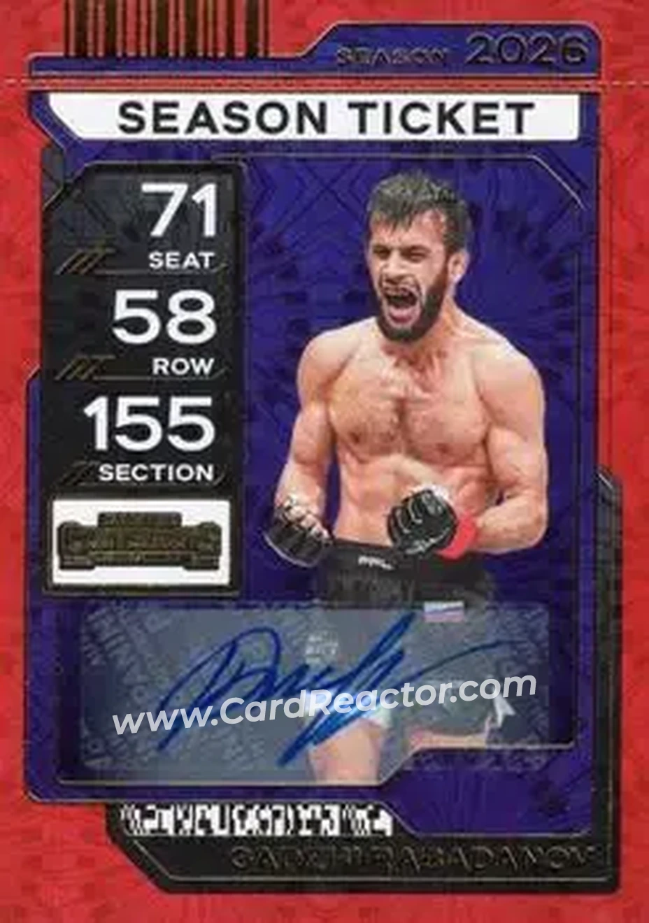 2026 Panini Contenders PFL - Season Ticket Signatures Red Fireworks #72 - Gadzhi Rabadanov - Front 2026 Panini Contenders PFL - Season Ticket Signatures Red Fireworks #72 - Gadzhi Rabadanov - Front