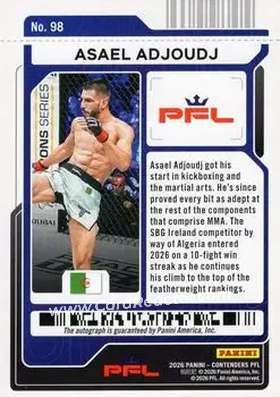 2026 Panini Contenders PFL - Season Ticket Signatures Red Fireworks #98 - Asael Adjoudj - Back 2026 Panini Contenders PFL - Season Ticket Signatures Red Fireworks #98 - Asael Adjoudj - Back
