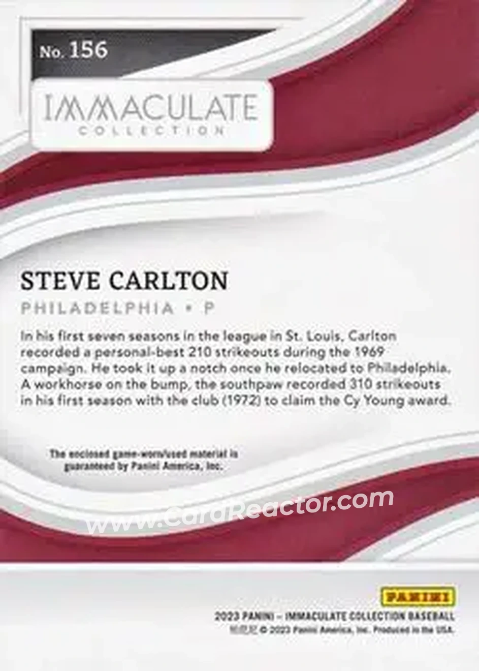 2023 Panini Immaculate Collection - Holo Gold #156 - Steve Carlton - Philadelphia Phillies - Back 2023 Panini Immaculate Collection - Holo Gold #156 - Steve Carlton - Philadelphia Phillies - Back