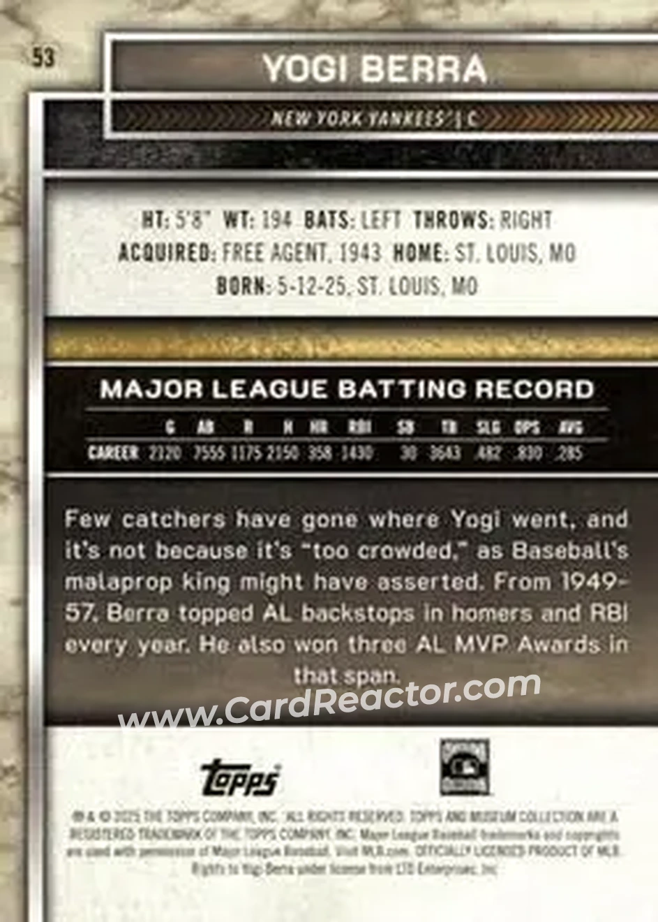 2025 Topps Museum Collection - Blue Topaz #53 - Larry "Yogi" Berra - New York Yankees - Back 2025 Topps Museum Collection - Blue Topaz #53 - Larry "Yogi" Berra - New York Yankees - Back