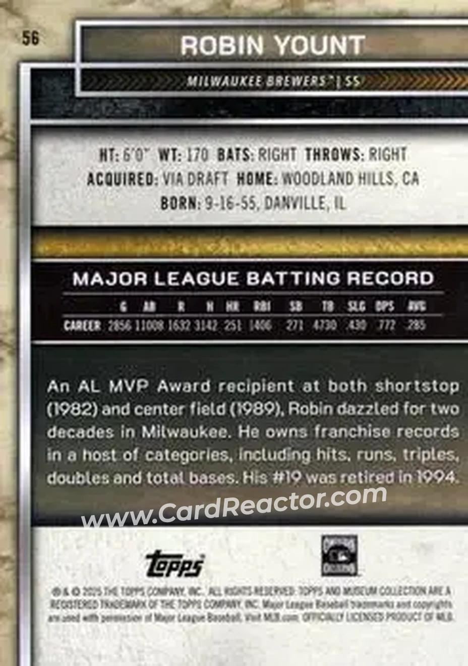 2025 Topps Museum Collection - Blue Topaz #56 - Robin Yount - Milwaukee Brewers - Back