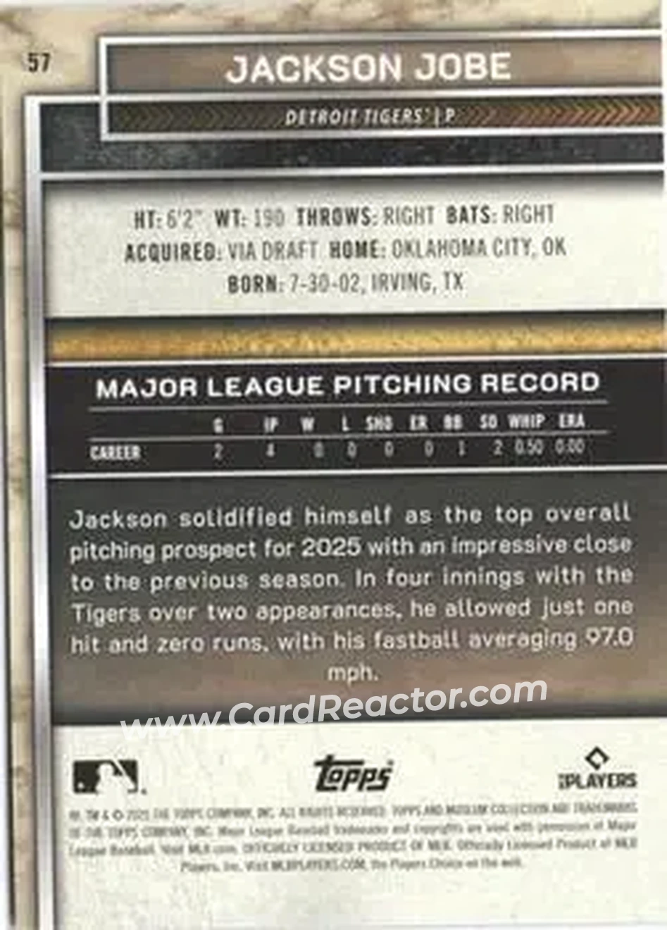 2025 Topps Museum Collection - Blue Topaz #57 - Jackson Jobe - Detroit Tigers - Back