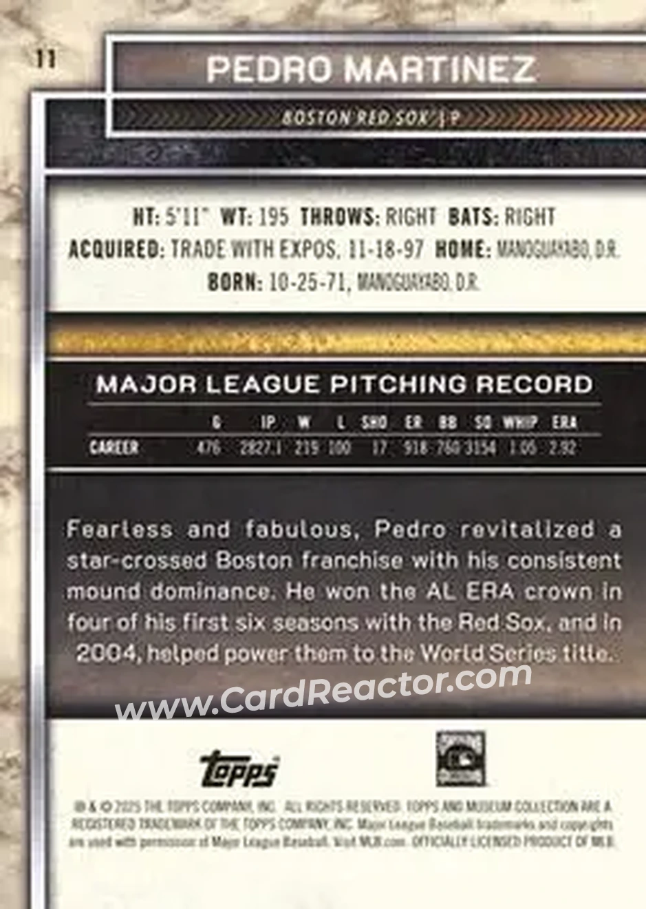 2025 Topps Museum Collection - Black Diamond #11 - Pedro Martinez - Boston Red Sox - Back
