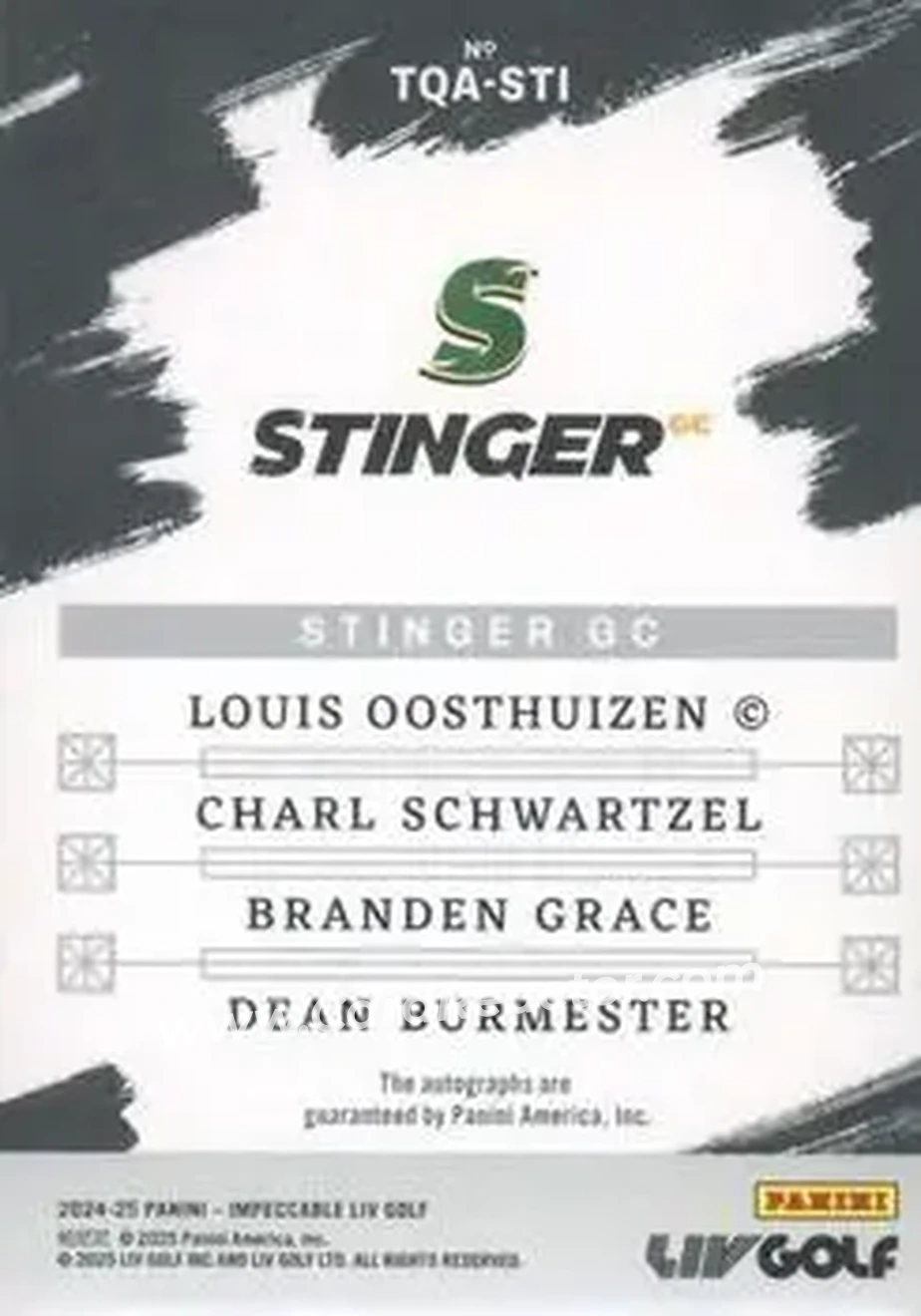 2024 Panini Impeccable LIV - Team Quad Autographs #TQA-STI - Dean Burmester - Branden Grace - Charl Schwartzel - Louis Oosthuizen AU, SN25 - Back 2024 Panini Impeccable LIV - Team Quad Autographs #TQA-STI - Dean Burmester - Branden Grace - Charl Schwartzel - Louis Oosthuizen AU, SN25 - Back