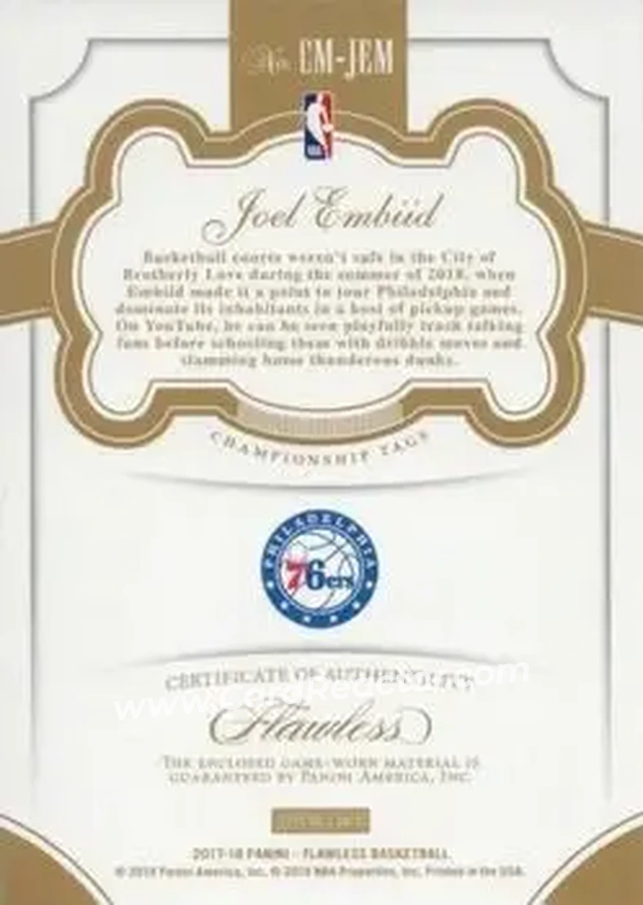 2017-18 Panini Flawless - Championship Tags #CM-JEM - Joel Embiid - Philadelphia 76ers - Back 2017-18 Panini Flawless - Championship Tags #CM-JEM - Joel Embiid - Philadelphia 76ers - Back