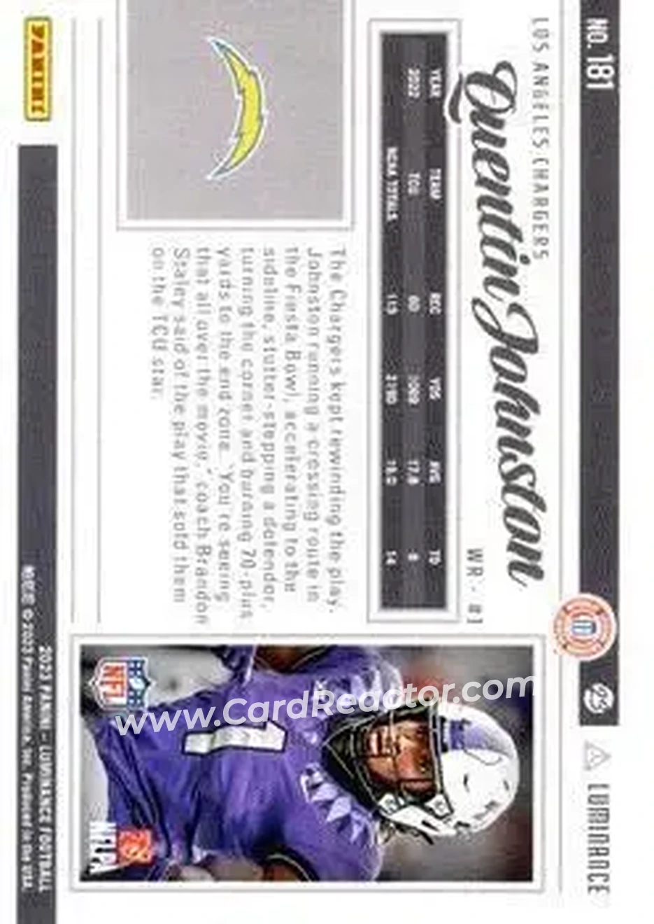 2023 Panini Luminance - Purple #181 - Quentin Johnston - Los Angeles Chargers - Back