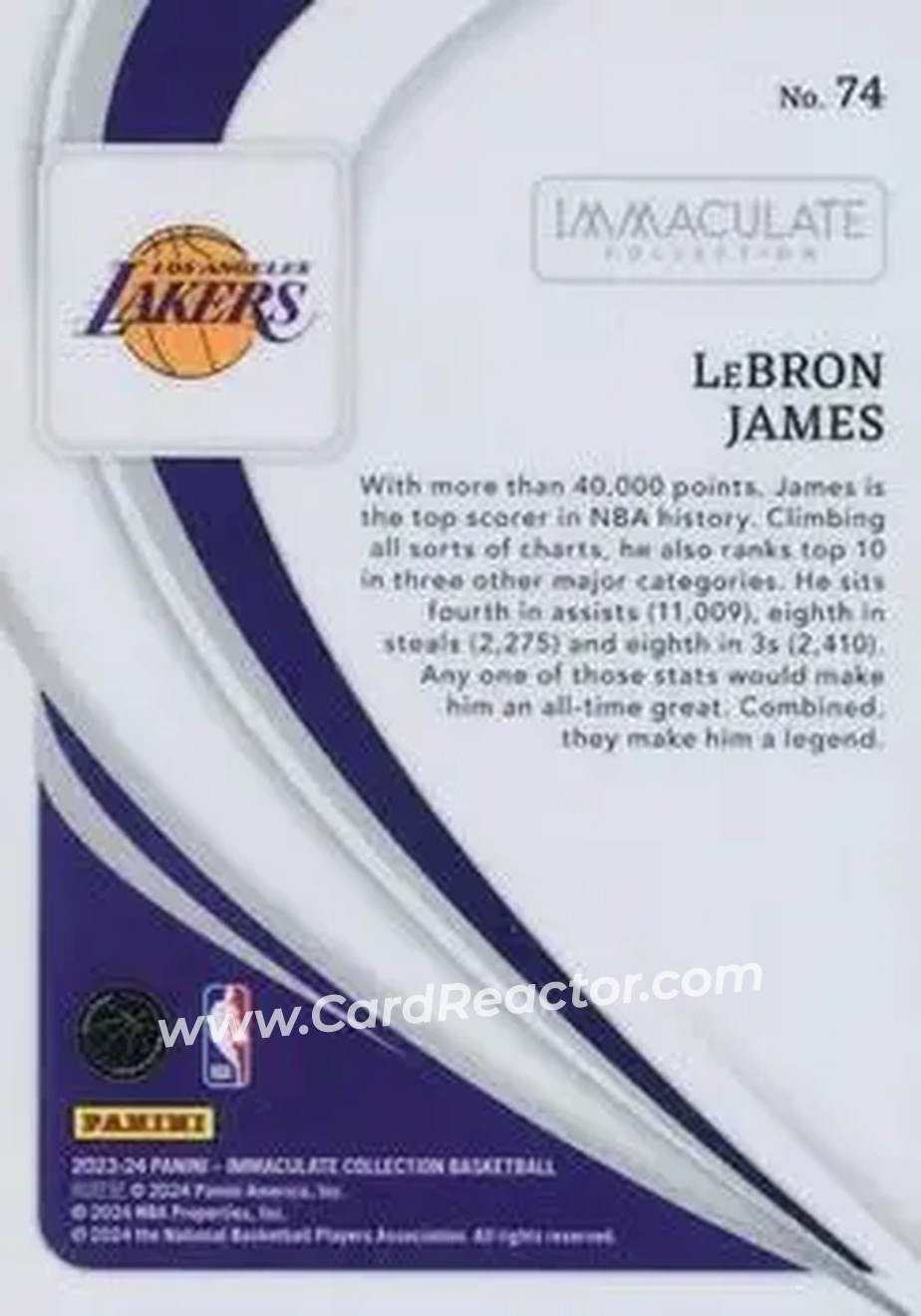 2023-24 Panini Immaculate Collection - Green #74 - LeBron James - Los Angeles Lakers - Back 2023-24 Panini Immaculate Collection - Green #74 - LeBron James - Los Angeles Lakers - Back