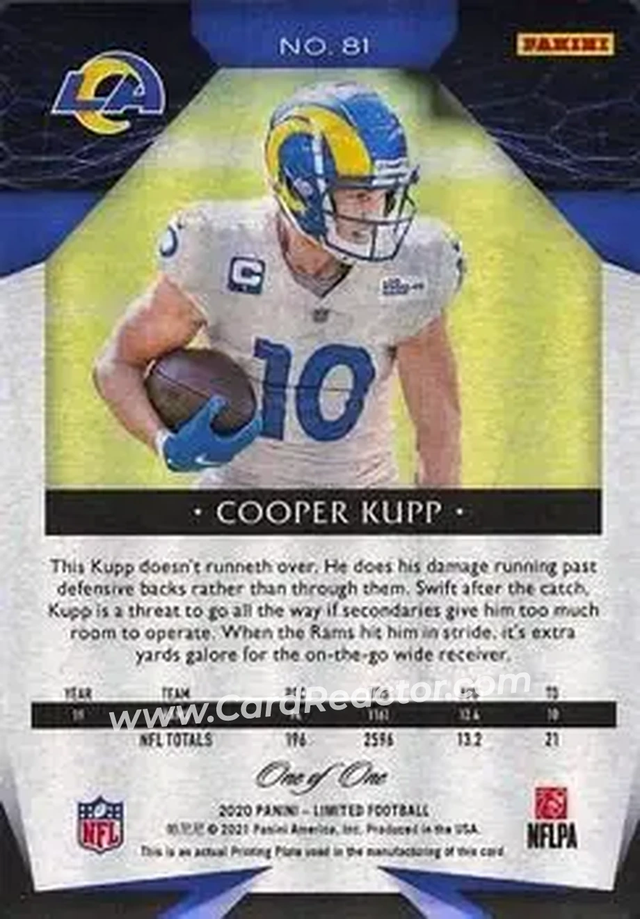 2020 Panini Limited - Printing Plate Black #81 - Cooper Kupp - Los Angeles Rams - Back