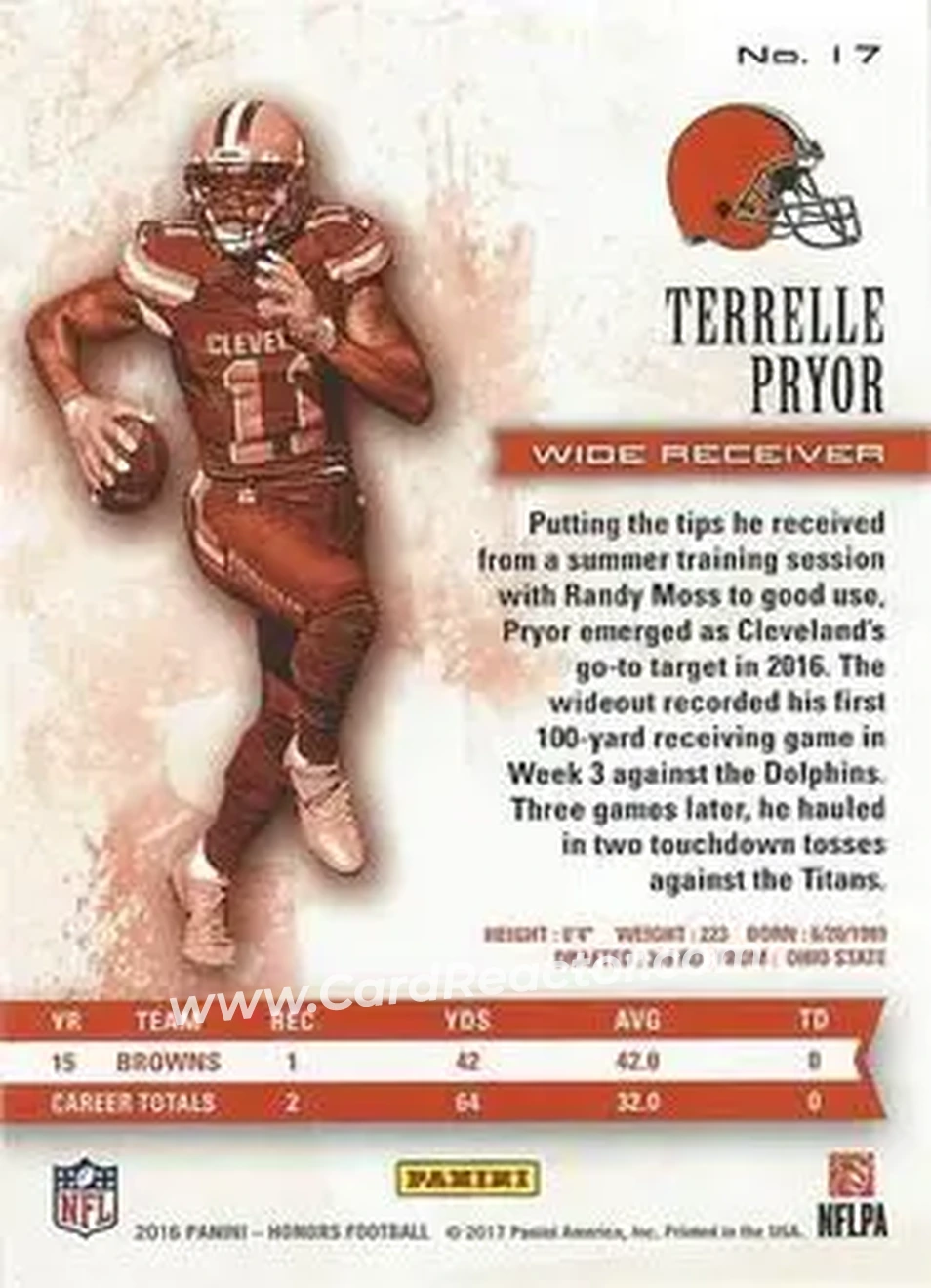 2016 Panini Honors - Gold #17 - Terrelle Pryor Sr. - Cleveland Browns - Back