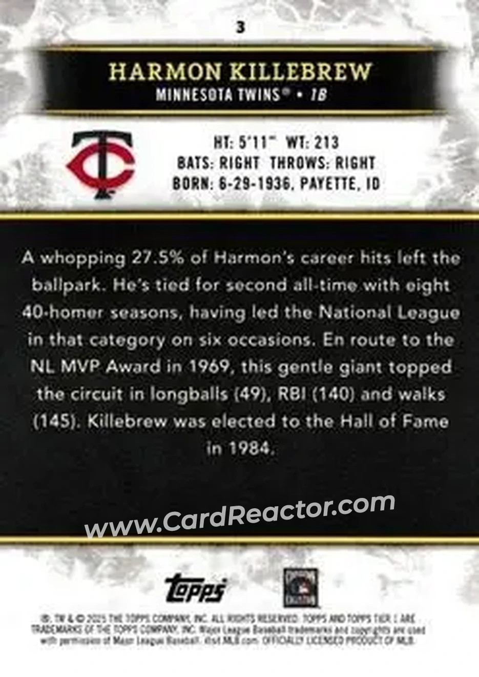 2025 Topps Tier One - Holo Silver Foil #3 - Harmon Killebrew - Minnesota Twins - Back