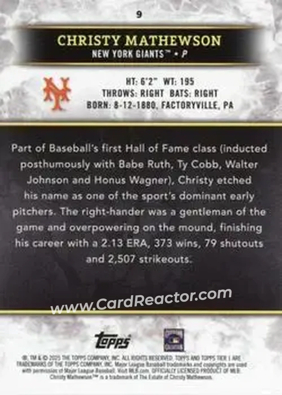 2025 Topps Tier One - Holo Silver Foil #9 - Christy Mathewson - New York Giants - Back