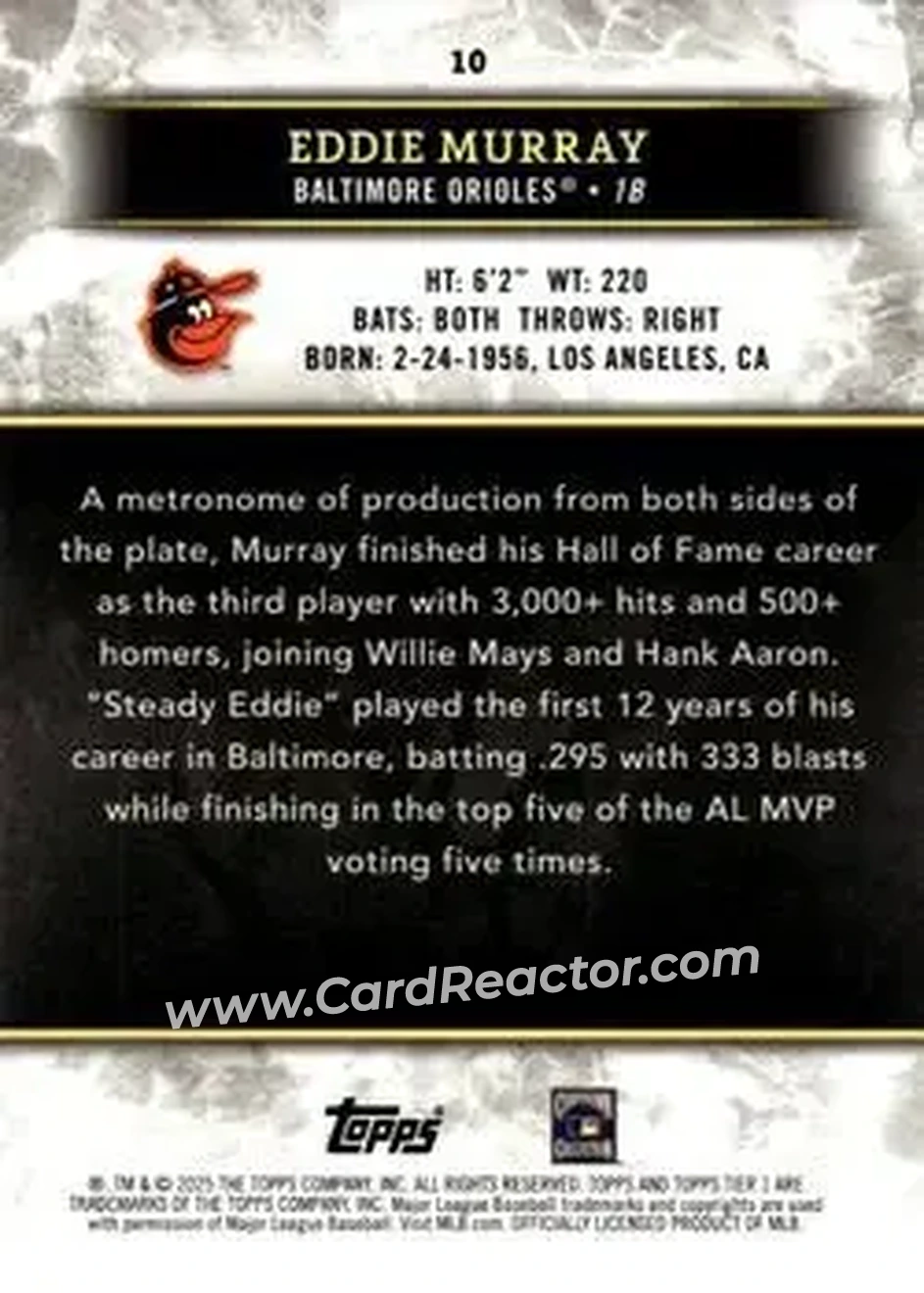 2025 Topps Tier One - Holo Silver Foil #10 - Eddie Murray - Baltimore Orioles - Back