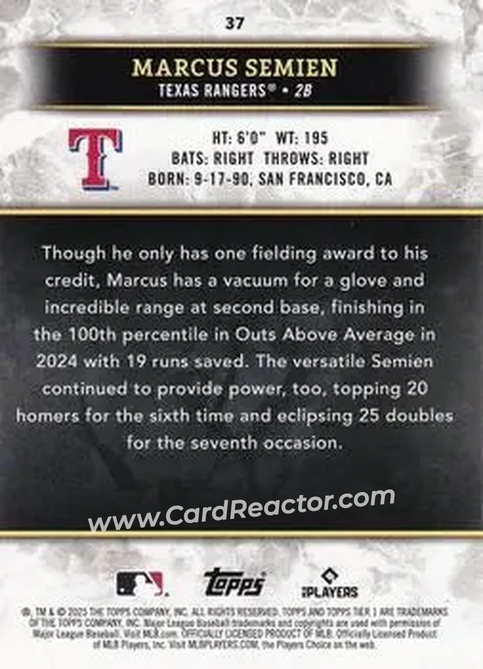 2025 Topps Tier One - Holo Silver Foil #37 - Marcus Semien - Texas Rangers - Back 2025 Topps Tier One - Holo Silver Foil #37 - Marcus Semien - Texas Rangers - Back